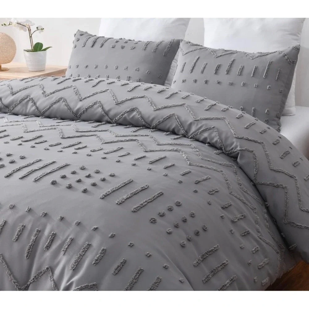 Queen Duvet Cover Set 3 Piece Boho Grey Tufted Geometric Bedding